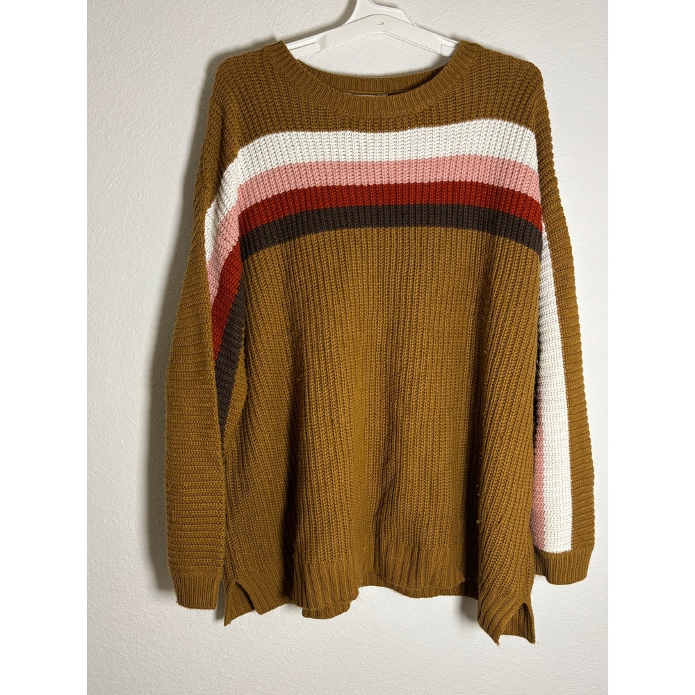 Terra & Sky Womens 3X Mustard Brown Striped Shaker Knit Oversized Sweater